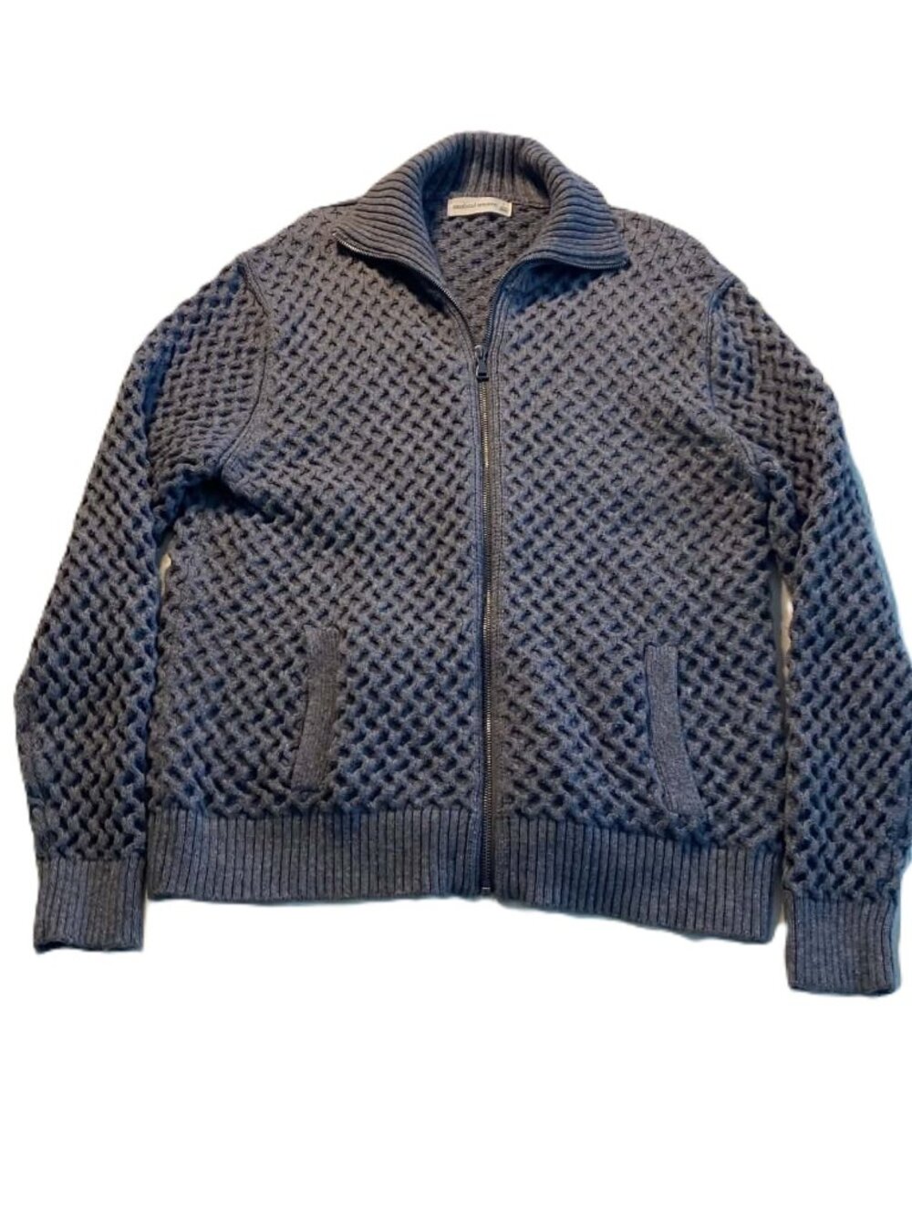 Mutual Weave Men's L Full Zip Sweater Charcoal Gray Textured Knit Mock Neck Wool